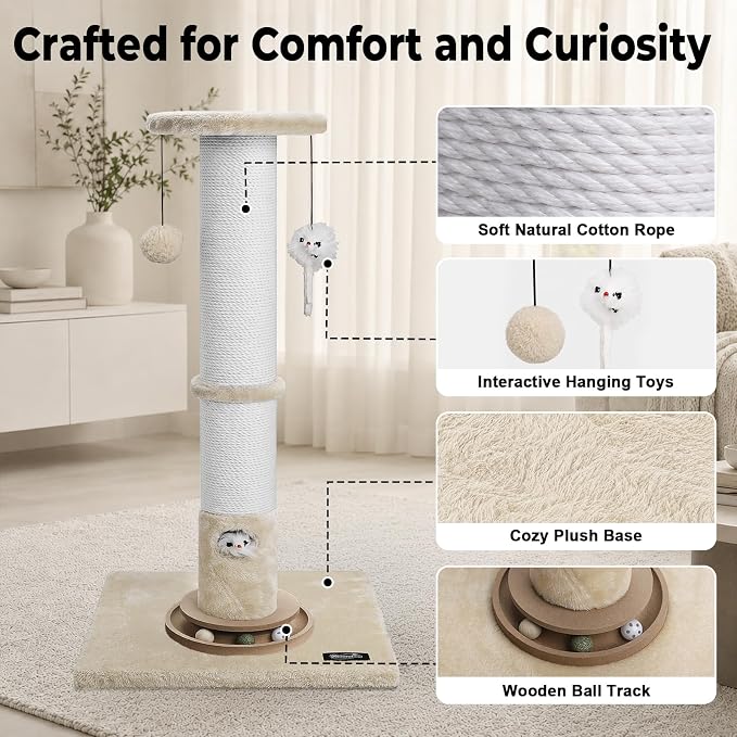 35-Inch Tall Cat Scratching Post, Stable Base for Large Cats, Beige | Heavy-Duty, Soft Natural Cotton Rope Cat Scratcher, Interactive Cat Toys, Wooden Ball Track, for Kittens and Indoor