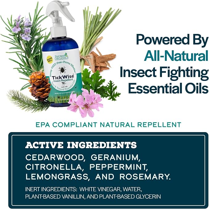 3 Moms Organics TickWise 8oz, Made with All Natural Essential Oils, DEET-Free, Tick and Insect Repellent, Plant Based Essential Oils, All Natural Ingredients Great for Adults, Kids, Dogs & Horses