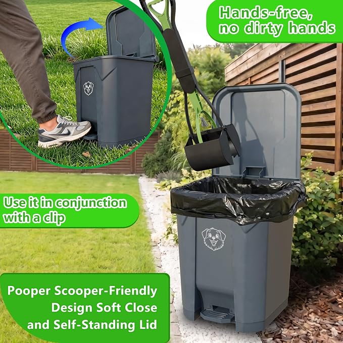 Outdoors Pet Waste Station 20L/5 Gallon Dog Poop Trash Can with Lid – Foot Pedal, Removable Inner Bin,Includes 200 Bonus Waste Bags & Long Handle Green Pooper Scooper