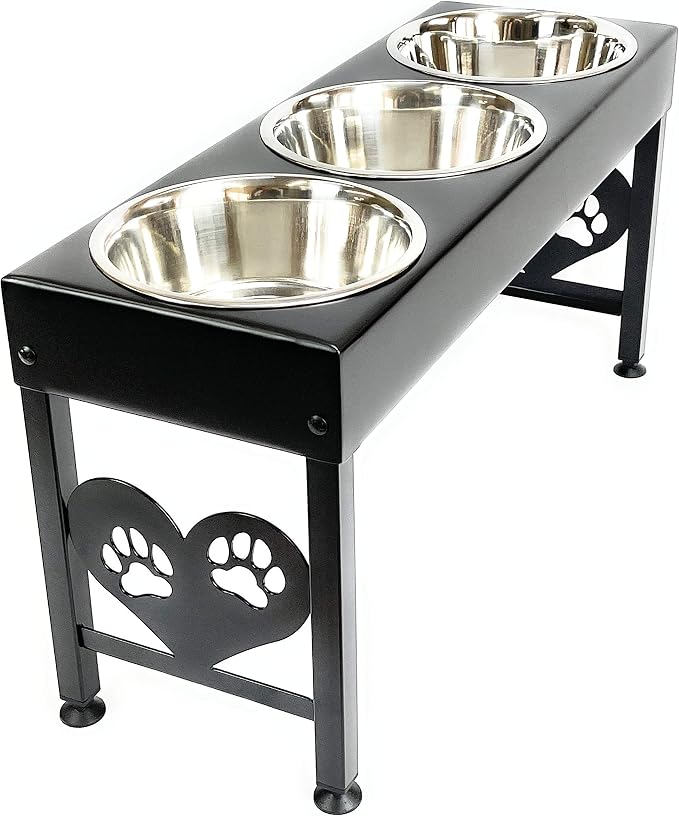 3 Bowl Dog Feeder Pet Feeding Station Triple 3 Quart Metal Dog Bowls 16 Inch Tall Made in USA