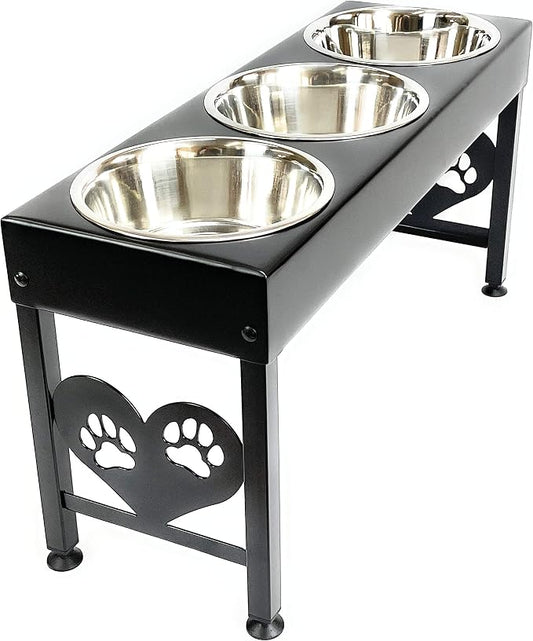 3 Bowl Dog Feeder Pet Feeding Station Triple 3 Quart Metal Dog Bowls 16 Inch Tall Made in USA