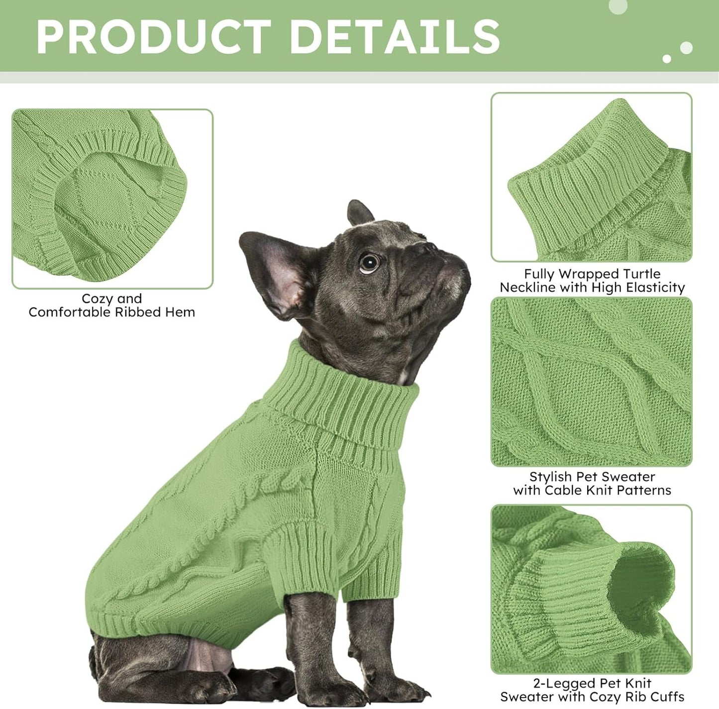 Queenmore Small Dog Pullover Sweater, Cold Weather Cable Knitwear, Classic Turtleneck Thick Warm Clothes for Chihuahua, Bulldog, Dachshund, Pug, Yorkie (Green, Large)
