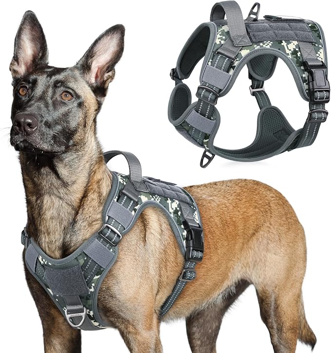 rabbitgoo Tactical Dog Harness for Large, No Pull Military Service Vest | Molle & Handle, Heavy Duty, Adjustable, Reflective Straps, Easy Control for Training Walking, Grey Camo, Large