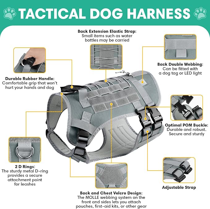 YooxArmor No Pull Dog Harness and Leash Set, Tactical Adjustable for Large Dog, Easy Walk Soft Vest Padded Oxford for Training Hiking (Gray-L)