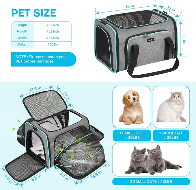 Pet Carrier, Large Soft Sided Expandable Travel Carrier with Steel Frame, Anti-Scratch Mesh, Removable Fleece Pad and Pockets for Cats, Dogs and Small Animals up to 15 lbs (Gray, 4 Sides Expandable)
