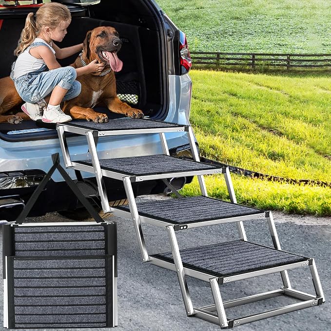 Joyrally 4-Step Dog Stairs for Car, Large Dogs, Non-Slip Surface | 20 in extra-wide aluminum frame, non-slip surface and foldable design for SUV and truck trunks, for senior and injured dogs