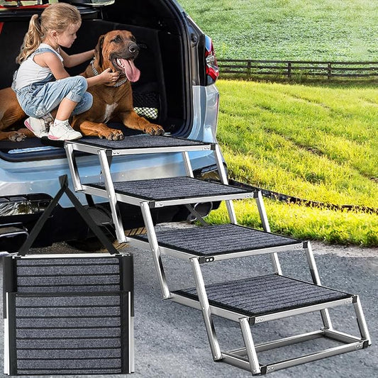 Joyrally 4-Step Dog Stairs for Car, Large Dogs, Non-Slip Surface | 20 in extra-wide aluminum frame, non-slip surface and foldable design for SUV and truck trunks, for senior and injured dogs