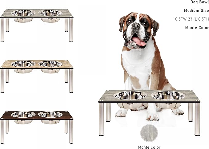 Raised Pet Bowls for Cats and Dogs, Outdoor Elevated Dog Cat Food and Water Bowls Stand Feeder on Aluminum Legs with 2 Stainless Steel Bowls Sizes for Small Medium and Large Dogs. - Medium (Monte)