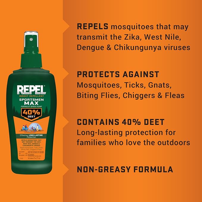 Repel Insect Repellent Sportsmen Max Formula Pump Spray 40 Percent DEET, 6 Ounces, Long-Lasting Insect Repellent Spray Repels Mosquitoes, Ticks, Gnats, Biting Flies, Chiggers And Fleas, 12 Pack