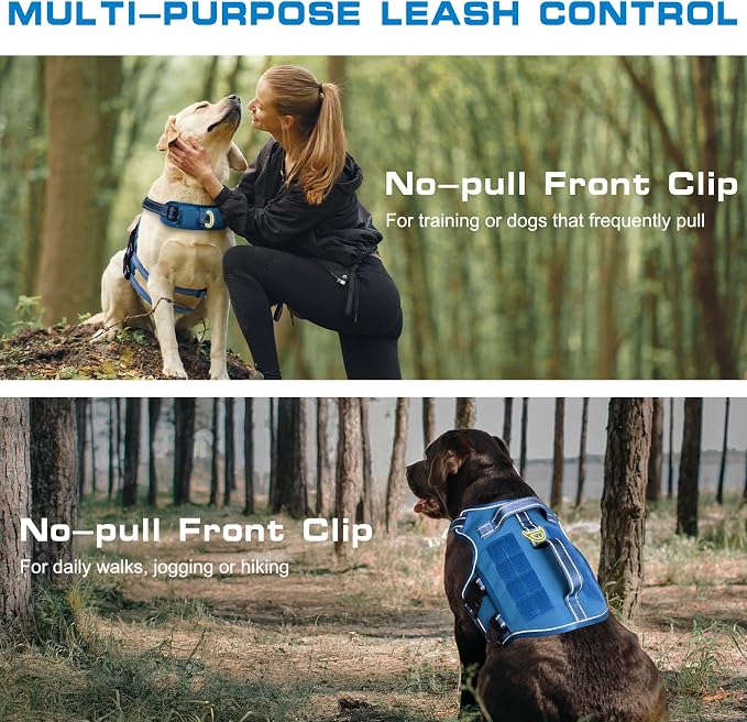 Dog Harness Medium Sized Dog, No Pull Dog Vest with Molle System | Tactical, Easy Control With Handle, Breathable Soft Padded, Adjustable, Reflective, No Choke for Walking, Blue Medium