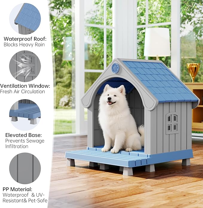 Bifanuo Dog House Outdoor Weatherproof with Porch for Small Medium Dogs, Durable Plastic Pet House with Sloping roof and Elevated Floor, Easy Cleaning and Assemble (Blue, 32.95"D x 31.5"W x 37.88"H)