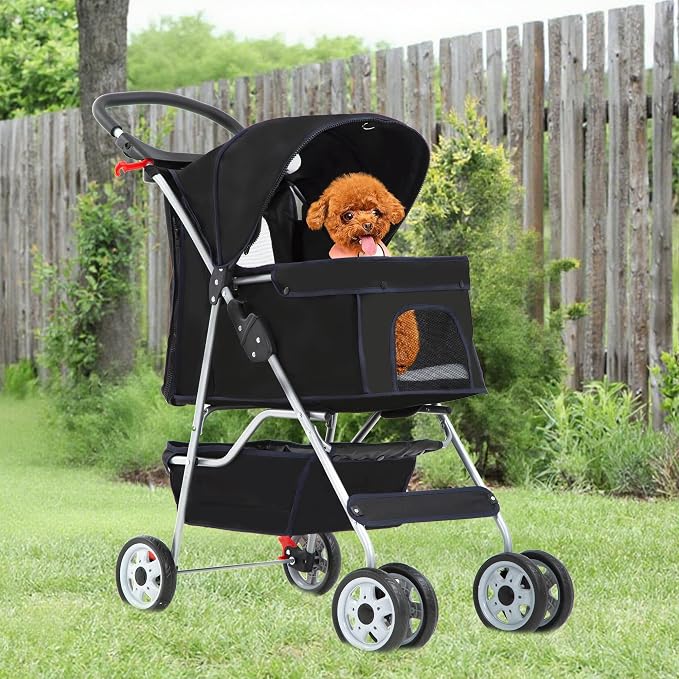 FDW Pet Stroller 4-Wheel Dog Cat Stroller Travel Folding Carrier with Cup Holder and Removable Liner for Small Medium Dogs Cats, Dark Black