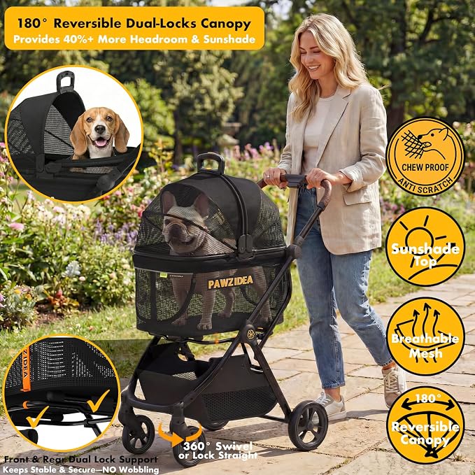 PAWZIDEA Pet Stroller 4 in 1, Foldable Cat Stroller with Detachable Carrier for Small Medium Dogs & Cats, Escape-Proof No-Zip Canopy, Lightweight Portable Travel Crate & Car Seat Combo, Storage Basket