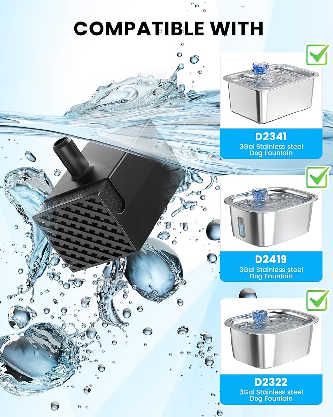 Water Pump Replacement for 11L/3Gallon Stainless Steel Dog Water Fountain,Ultra Quite Water Pump for Dog Water Dispenser for Large Dogs Water Drinking Bowl Fountain for Pet, Easy to Clean,Black