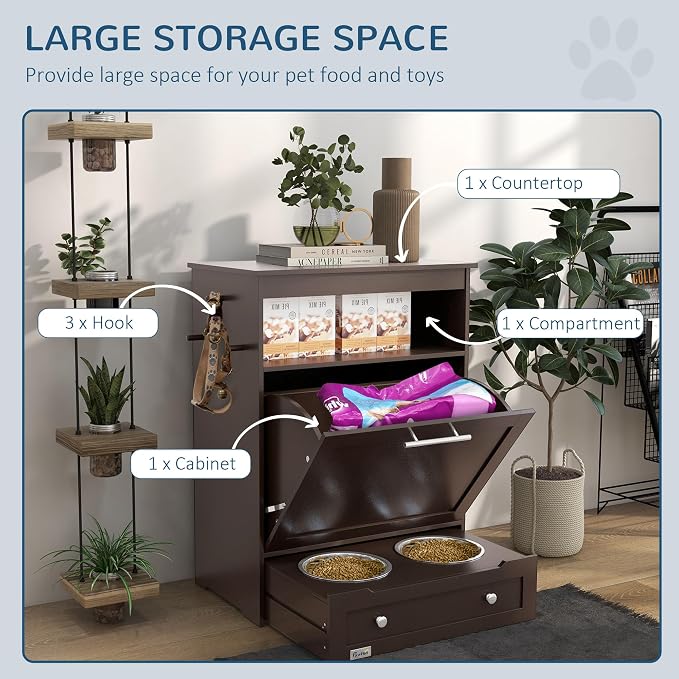 PawHut Dog Feeding Station with Raised Bowls, Pet Feeder Station, Brown | Dog Food Storage Cabinet, Hanger for Feeding & Watering Supplies