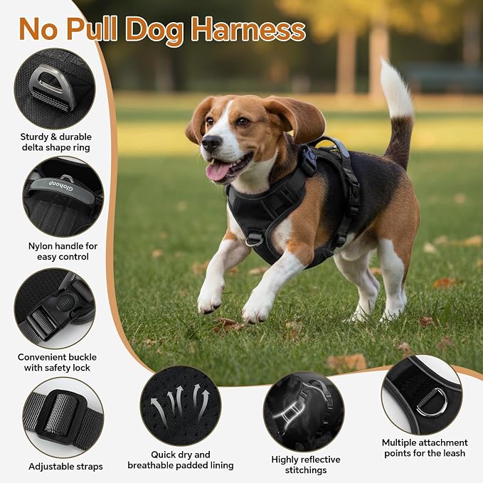 Heavy Duty Tactical Dog Harness, No Pull Dog Vest Harness with Handle & Front Clip, Reflective Soft Padded, Hook and Loop Panel, Dog Vest for Walking, Service Training, Black, Large