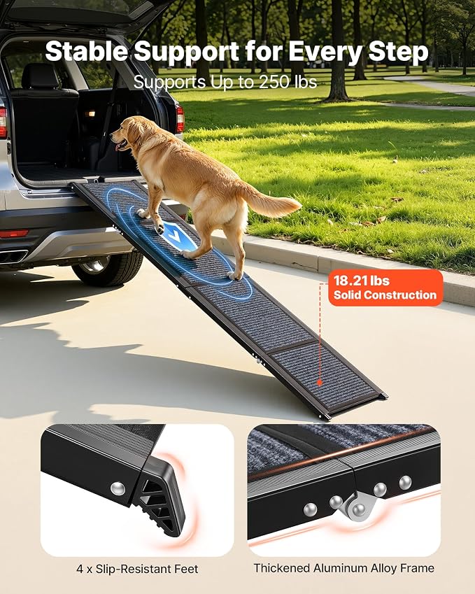 VEVOR Dog Ramp for Cars, 71" L x 17" W, Folding Pet Ramps for Medium & Large Dogs up to 250lbs, Pet Stair Ramp with Non-Slip Felt Rug Surface, Portable Outdoor Dog Car Ramps for SUV & Truck