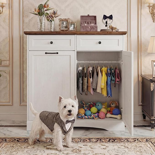 39.7’’W Dog Feeding Station, Tilt-Out Dog Food Cabinet for Multi-Pets, Pet Feeder Station with 4 Feeding Bowls, Dog & Cat Storage Organizer with Hanging Rod, (White, Dual Doors)