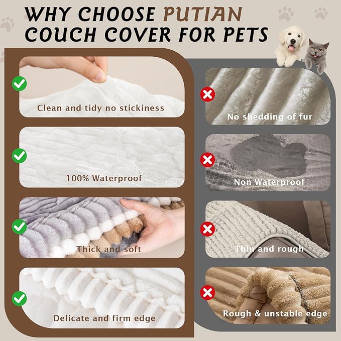 PuTian 100% Waterproof Fuzzy Couch Cover for Dogs White 27.6"x59" | Pet Friendly Dog Mat for Couch, Waterproof Sofa Protector, Scratch Resistant Furniture Cover for Dogs, Machine Washable