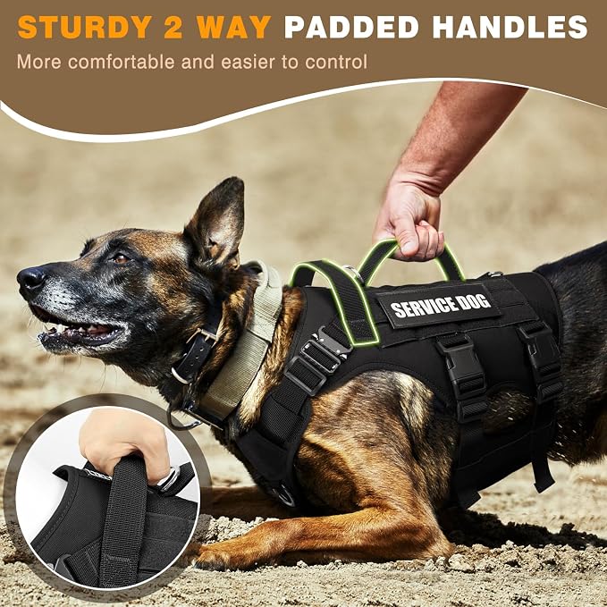 Service Dog Vest Harness for Large Dog, Tactical Working MOLLE Vest with 10 Pet Patches, No Pull Heavy Duty Harness for Training Walking