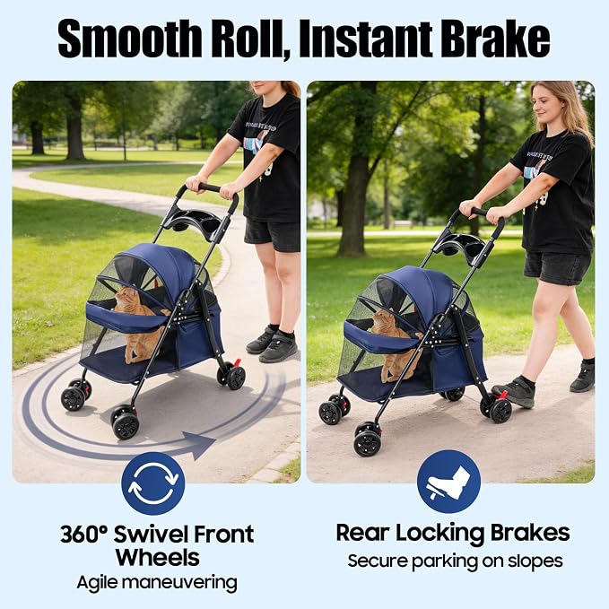 Pet Stroller for Small Medium Dogs Cats, Lightweight Foldable Pet Wagon with 360° Front Wheels & Brake, 40 lbs Capacity Carrier for Park Travel Shopping, Breathable Mesh Basket (Navy Blue)