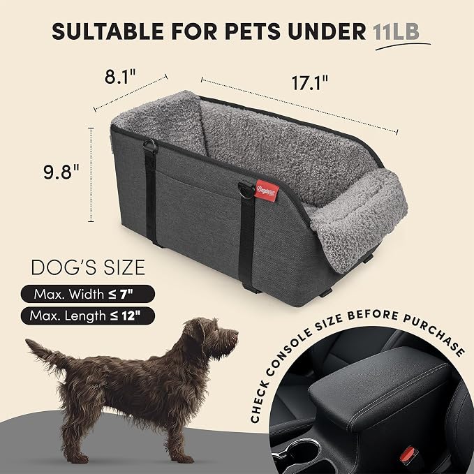 BurgeonNest Center Console Dog Car Seat for Small Pets to 11lbs, Grey | Anti-collapse armrest Console seat with washable fluffy cushion, pillow & tether for stable, cozy pet travel trips.