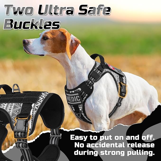 rabbitgoo Tactical Dog Harness for Large, No Pull Military Service Vest | Molle & Handle, Heavy Duty, Adjustable, Reflective Straps, Easy Control for Training Walking, B&W Geometric, Large