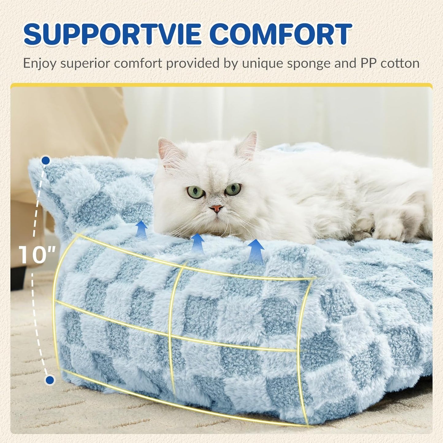Cat Bed Cat Couch for Puppy and Kitten, Fluffy Pet Sofas Medium Dog Sofa Bed, Supportive Cats Sofa for Indoor Cats, Washable Cover & Non-Slip, 32 inch, Blue