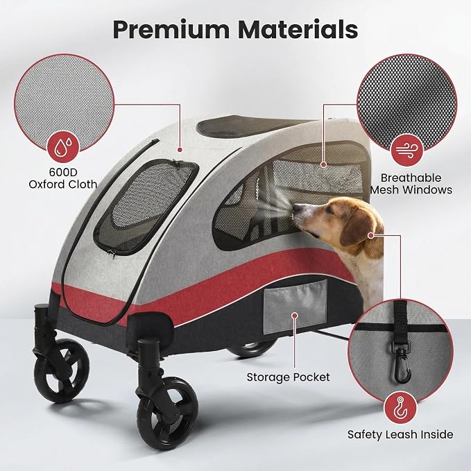 Garvee Extra Large Dog Stroller with Steel Pipe Frame, Wheels, Brakes, Shock Absorption, Foldable Design - Red