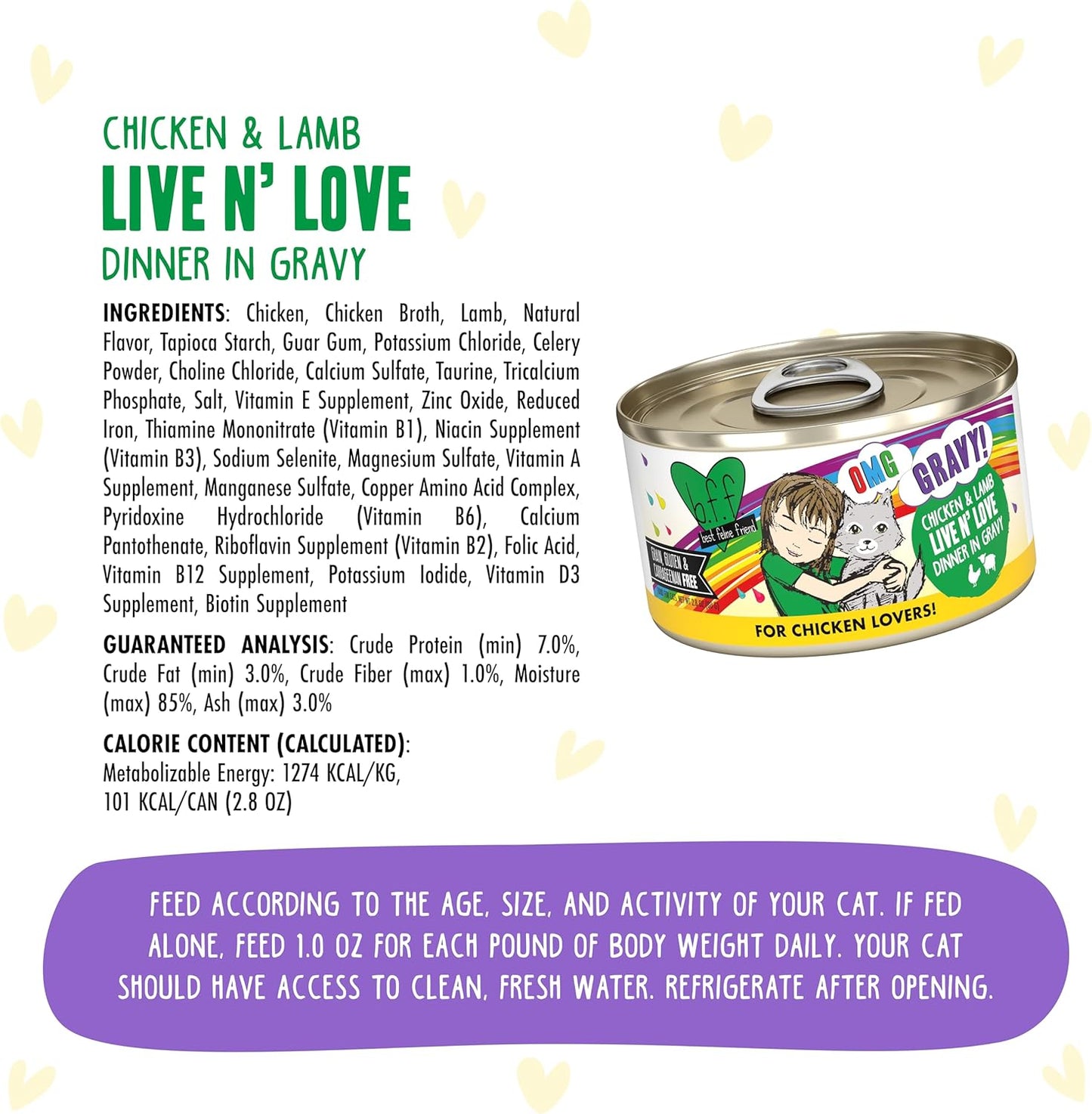 Weruva B.F.F. OMG - Best Feline Friend Oh My Gravy!, Chicken & Lamb Live N' Love with Chicken & Lamb in Gravy, 2.8oz Can (Pack of 12)