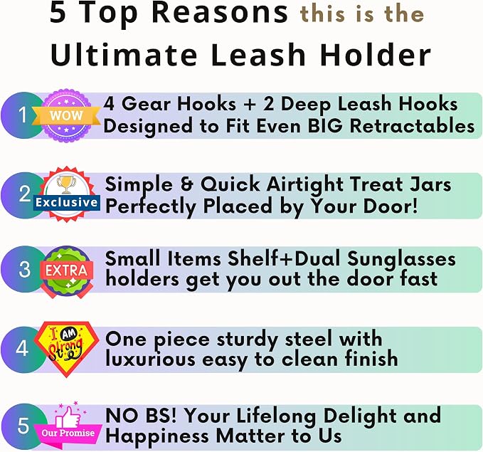 Dog Leash Holder for Wall with Shelf — Wall Mounted Dog Treat Holder & Station, 1 Large Airtight 32oz Treat Container, 6 Hooks, Patented Lidless Slide-to-Seal Jar, Solid Steel, Made in USA