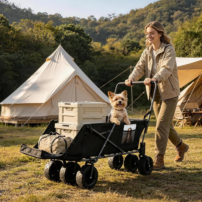 REDCAMP Folding Dog Wagon with Canopy, 150lbs Dog Stroller with 6 Wheels | Collapsible Utility Cart with 17.3" Extendable Ramp for 2 Medium Dogs Large Dog, All-Terrain Wheels with Brake for Senior Pet