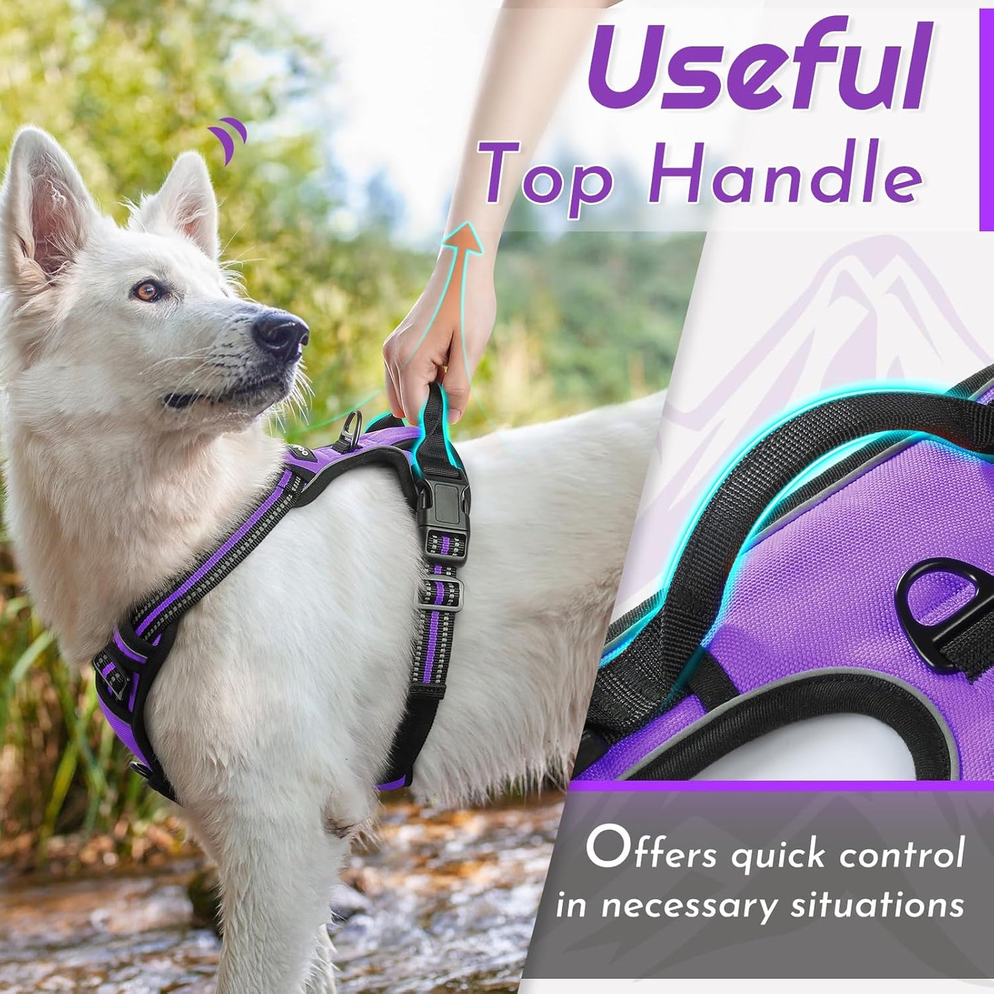 Eagloo Dog Harness for Large Dogs, No Pull Service Vest with Reflective Strips and Control Handle, Adjustable and Comfortable for Walking, No Choke Pet Harness with 2 Metal Rings, Purple, XL