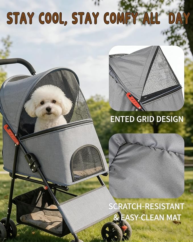 Pet Stroller for Small Medium Dogs Cats - Lightweight Foldable Dog Stroller | 33lbs, 4 Wheels All Terrain Cat Stroller, Breathable Mesh & Safety Tether, Storage Basket for Outdoor Walks-GRAY