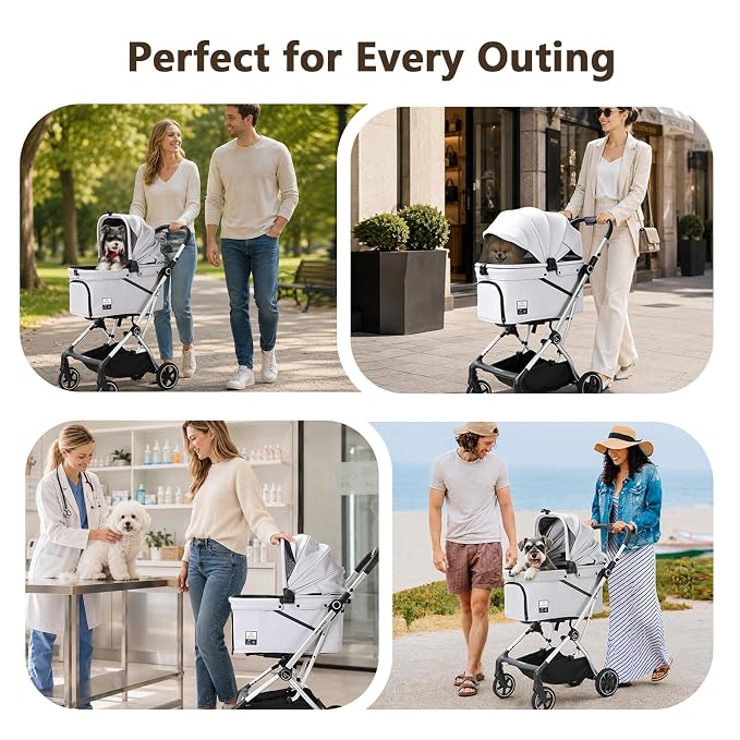 T4 Max Pet Stroller for Small Medium Dogs Cats, 4 Wheels Travel Folding Carrier Waterproof Puppy Stroller with Pad, Canopy and Cup Holder, Gray