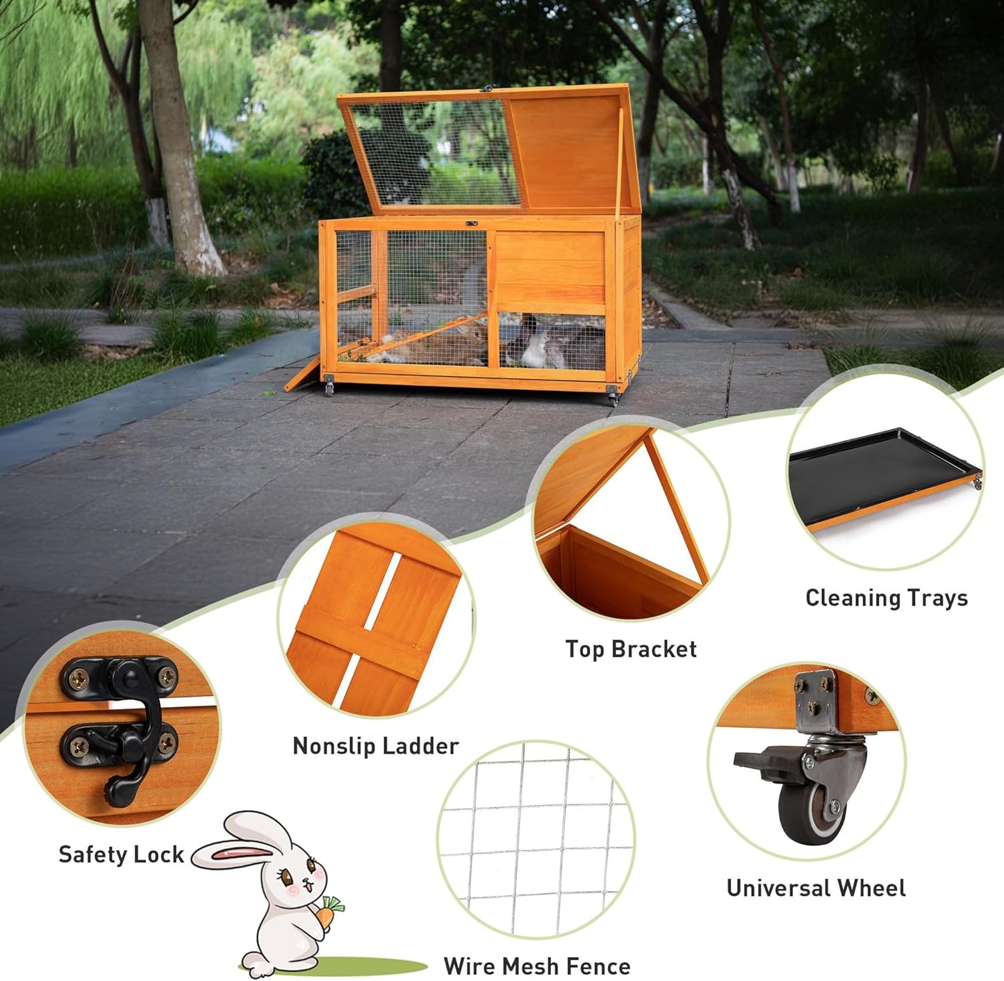 COZIWOW Fashionable Wood 36Inches Rabbit Hutch Indoor with Wheels Bunny Cage Outdoor Fashion Rabbit Cage with Clean Tray, Openable Roof, Anti-Slip Ramp for Small Bunny Rabbit (Orange)