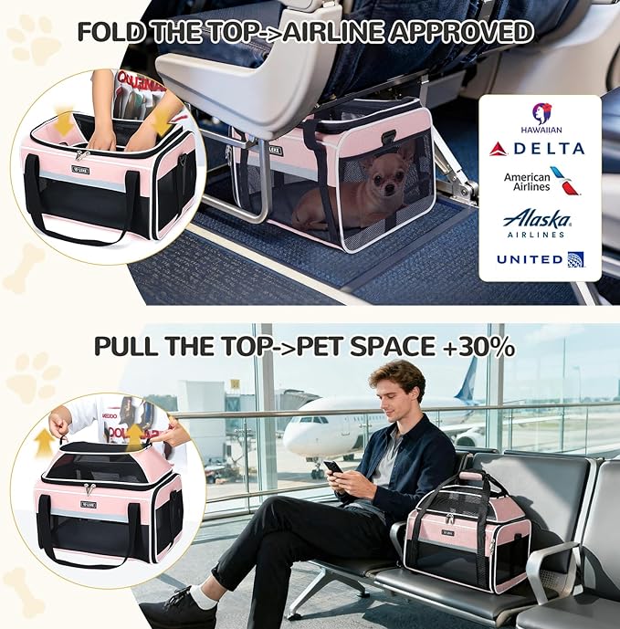 Lekereise Top-Expandable Pet Carrier 17x11x9.5 Inch Alaska Hawaiian Airline Approved Soft Sided Underseat to 12lbs Travel Carriers for Small Dogs and Cats with Locking Safety Zippers Anti-Scratch Mesh