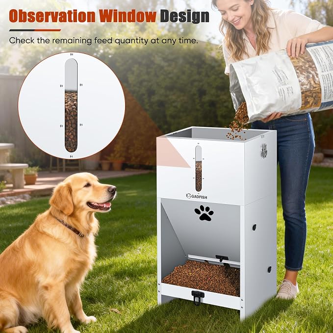 60 lbs Large Automatic Dog Feeder, Outdoor Heavy Duty Pet Feeder for Large Breed Dogs, with Viewing Window and Lockable Door
