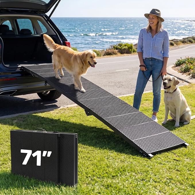 71" Extra Long Dog Ramp for Large Dogs, Heavy Duty Metal Frame Pet Ramp for High SUVs, Trucks and Cars, Portable Folding Travel Dog Ramps with Safety Latch, Supports up to 350lbs