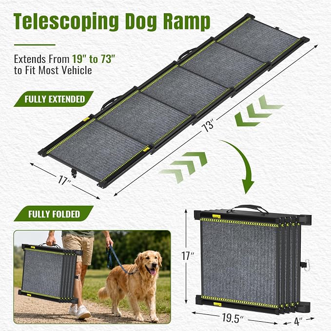 Dog Ramp for Car 73" Extra Long, Telescoping & Aluminum Dog Steps | 73" L x 17" W, Portable, Folding, for Large/Medium/Small Dogs, Aluminum Frame & Lightweight, Non-Slip Surface, Up to 250LBS