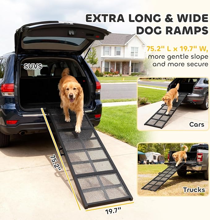 PawHut Dog Ramp for Car 75" x 20" Large Folding Pet Ramp for Large Dogs | Non-Slip Surface, Extra Long Wide, Portable Pet Stairs, SUVs Trucks Beds