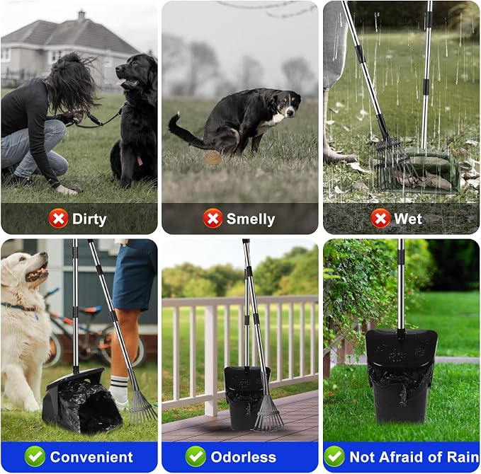 Dog Poop Scooper with 20 Bag Attachment Long Handle Swivel Bin, Rake Heavy Duty Pooper Scooper for Large Medium Dogs Easy to Clean Pet Accessory Pet Waste Removal Solution for Yard, Grass, Gravel