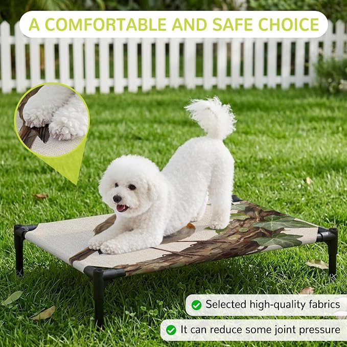 Outdoor Elevated Dog Bed for Medium Dogs, Bird Breathable Cooling Raised Dog Cot for Indoor/Outdoor, Ivy Branch Animal Green Botanical Leaf Rustic Waterproof Elevated Pet Beds, M 24 x 20 in