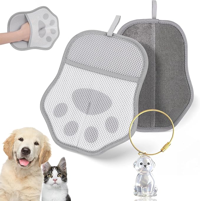 Xontri 2025 Upgrade Electrostatic Pet Hair Removal Glove, A Reusable Pet Hair Remover Tool for Cats, Dogs, Clothing, Couches, Carpets(Gray Glove, Dog Keychain)
