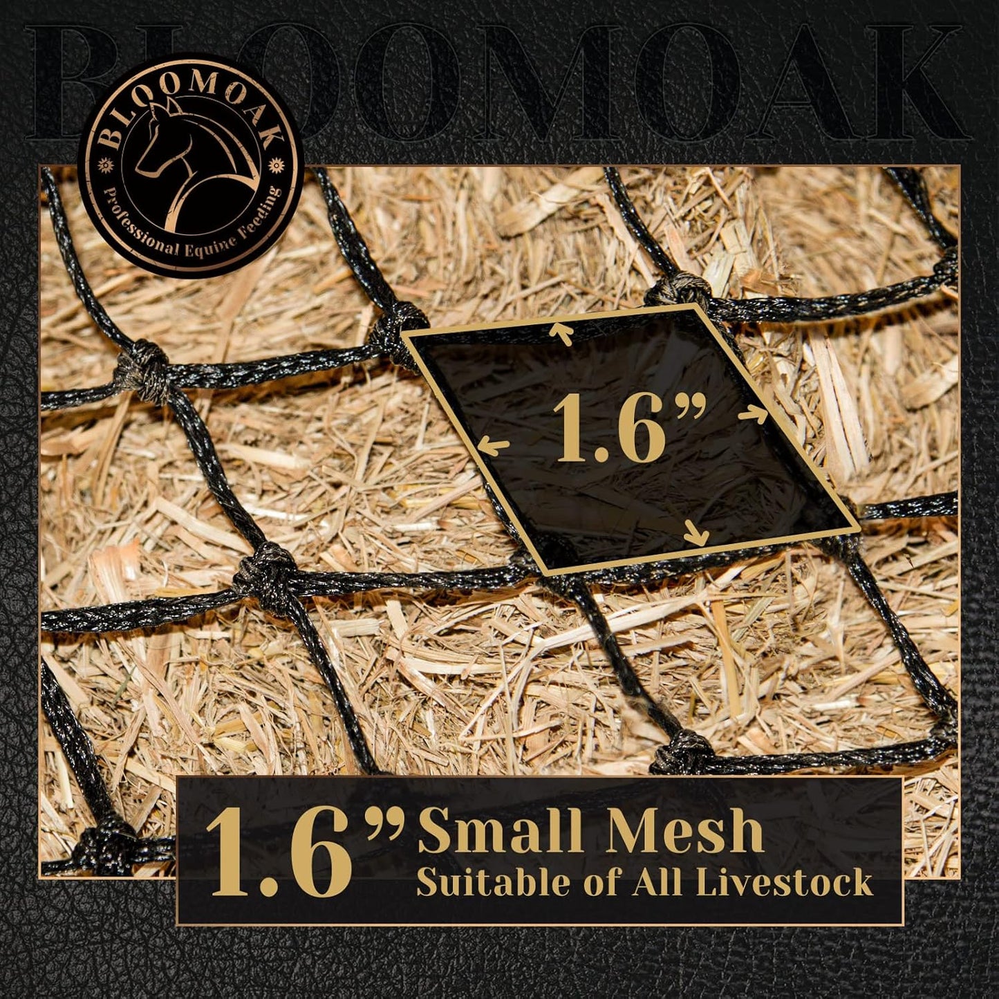 Bloomoak Slow Hay Net Feeder for Horses, Durable Soft Black PE 2/3 String Hay Bales Bags, Fit 36x18x18 to 47x25x17 Inches, Extends 50-64 Inches (2 1.6" Hole/1PC)