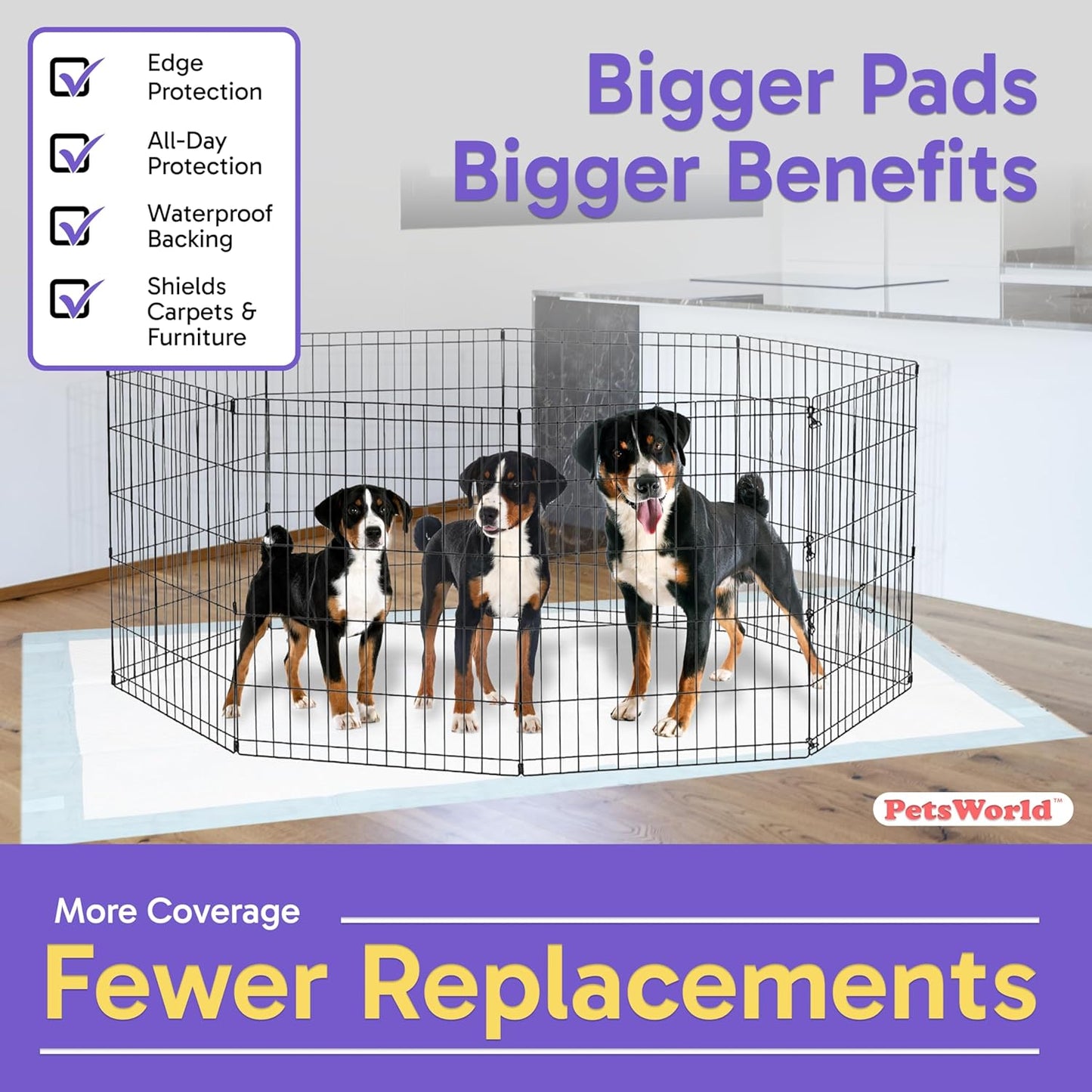 PETSWORLD Mega-Sized Dog Pee Pads (40" x 99") – 4XL Gigantic Pet Piddle Pads for Puppy Training, Incontinence – with Adhesive Sticky Tape – Leak Proof, 5-Layer Protection (10 Count)