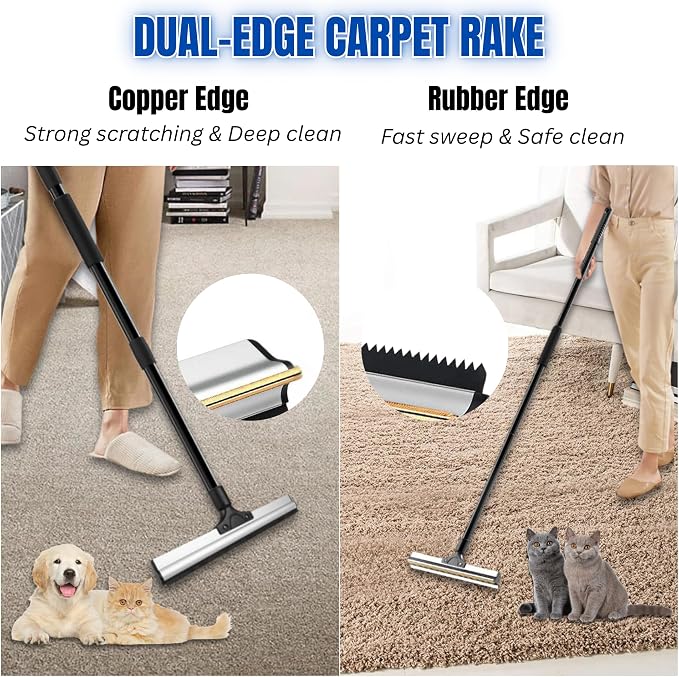 Carpet Rake for Pet Hair Removal & Fluffing Matted Carpet – 61" Adjustable Handle, Deep Clean Dog & Cat Hair Remover, Reusable Scraper for Rugs, Low Pile Carpet, Couch & Stairs