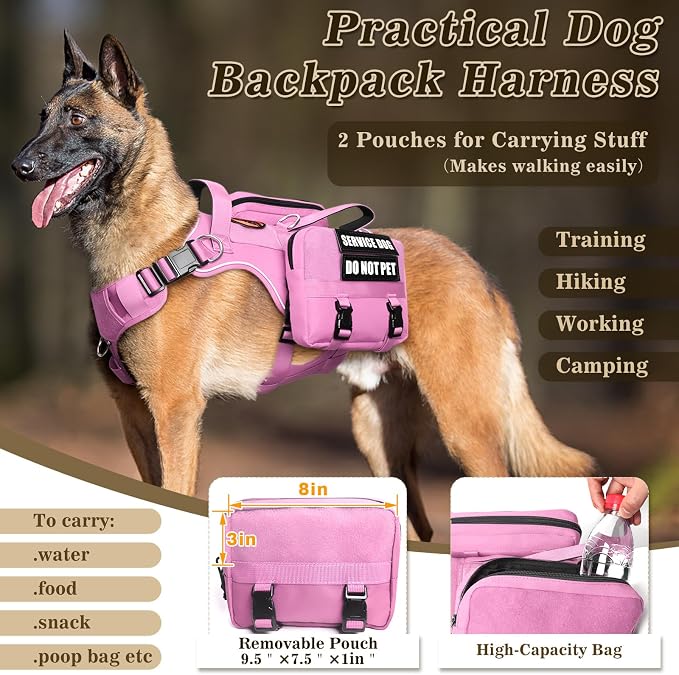 Service Dog Vest with Removable Backpack for Large Dogs Pink L | No Pull Adjustable Dog Harness with Pockets,Soft Padded Handles&Molle for Patches,Heavy Duty for Training Hiking Hunting