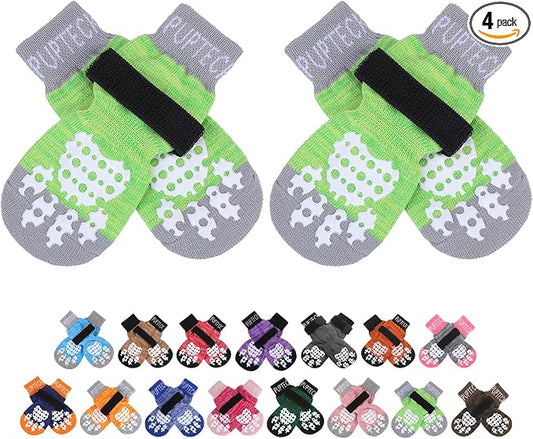 PUPTECK Anti-Slip Dog Socks with Double Sides Grips for Small Medium Large Dogs Hardwood Floors Prevents Licking, Dog Shoes for Hot Pavement Traction Control for Senior Dogs, Fluorescent Green, XS