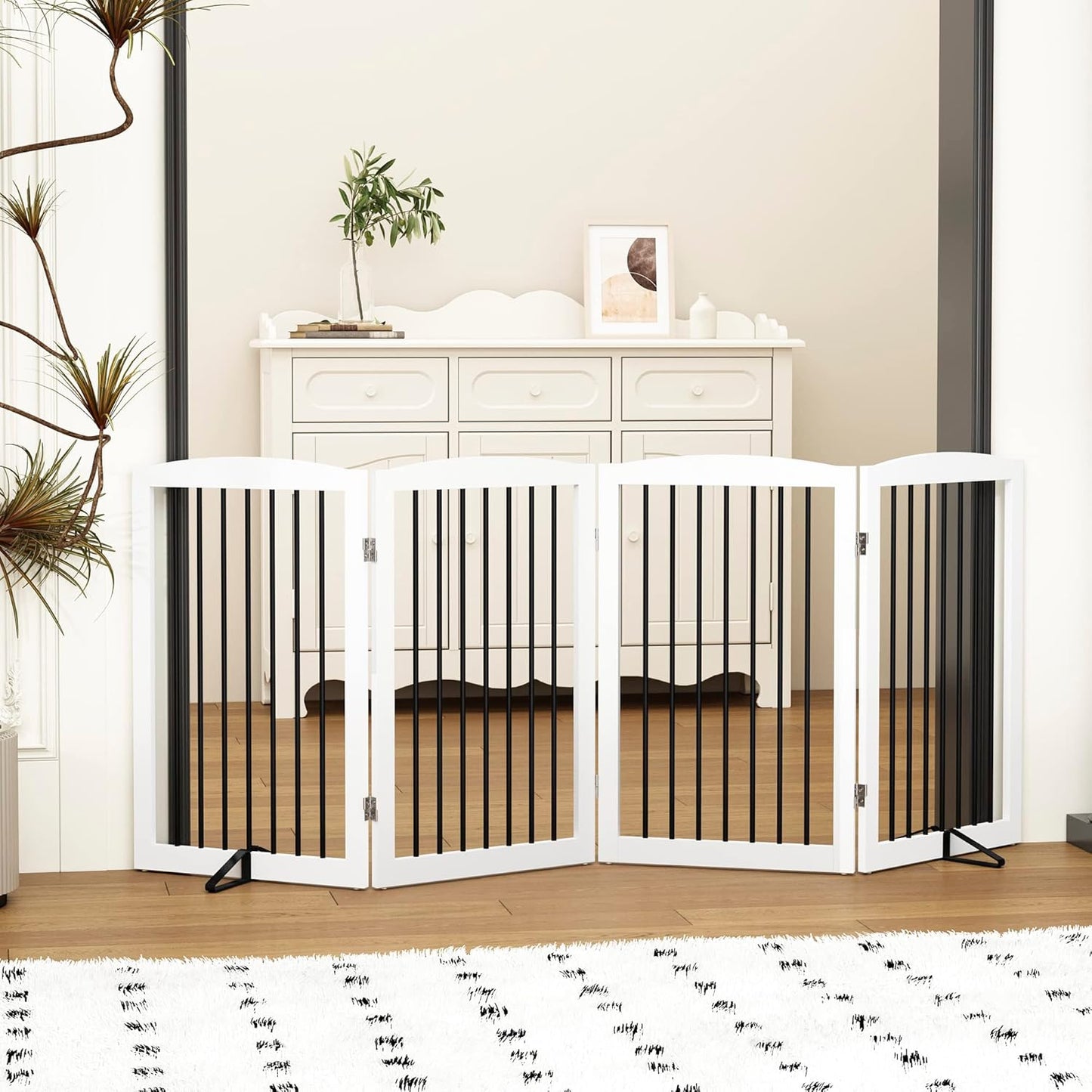 Freestanding Pet Gate - Foldable Wooden Dog Gate, 80 Inch Wide, 4 Panels, White